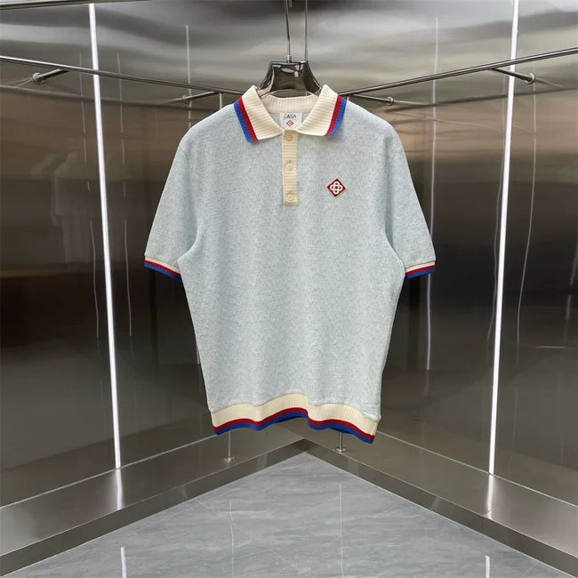 Casablanca Contrast Collar Knit Polo Shirt - Light Blue / Cream Hover Image