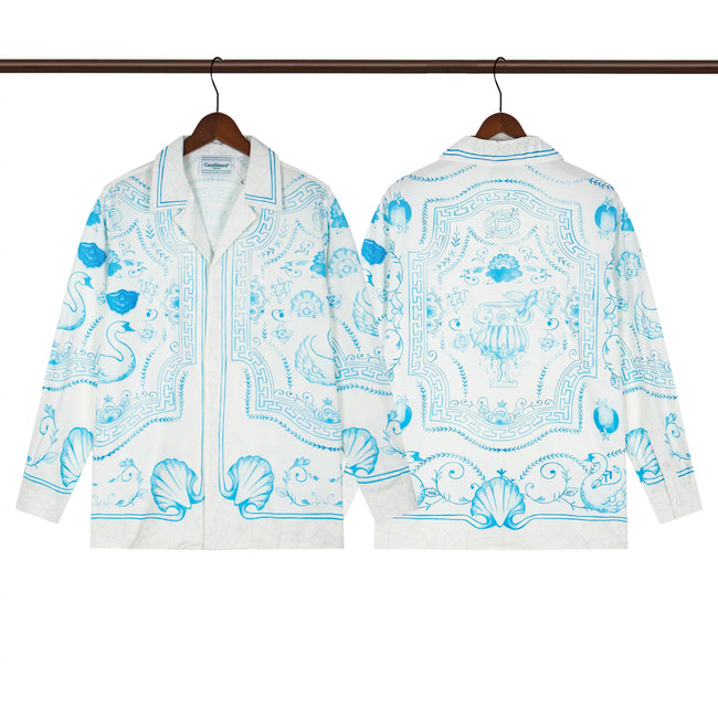 Casablanca Monogram Tile Silk-Style Shirt - Light Blue / White Hover Image