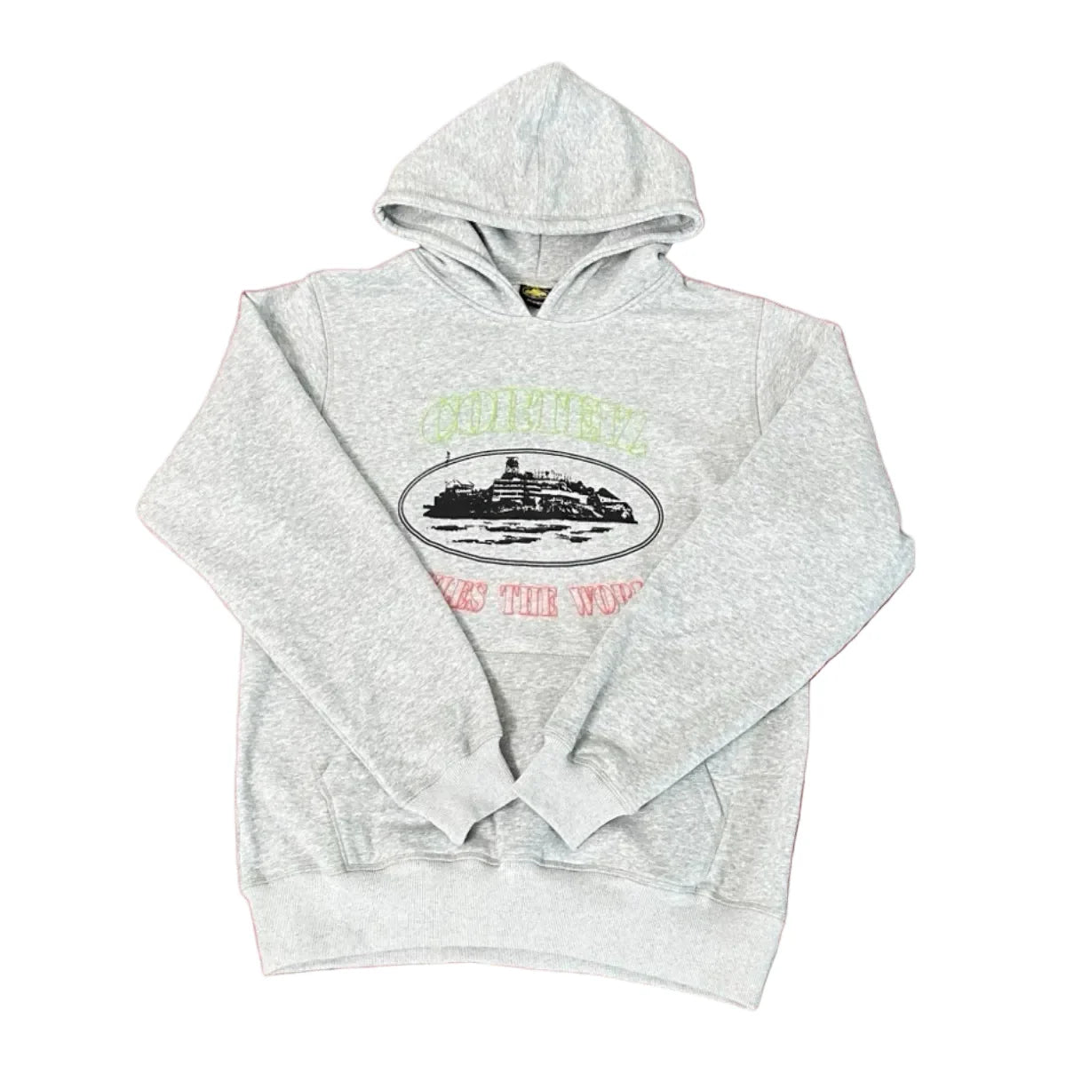 Corteiz “Alcatraz” Heather Grey Hoodie — Vintage Island Graphic on Oversized Streetwear Pullover