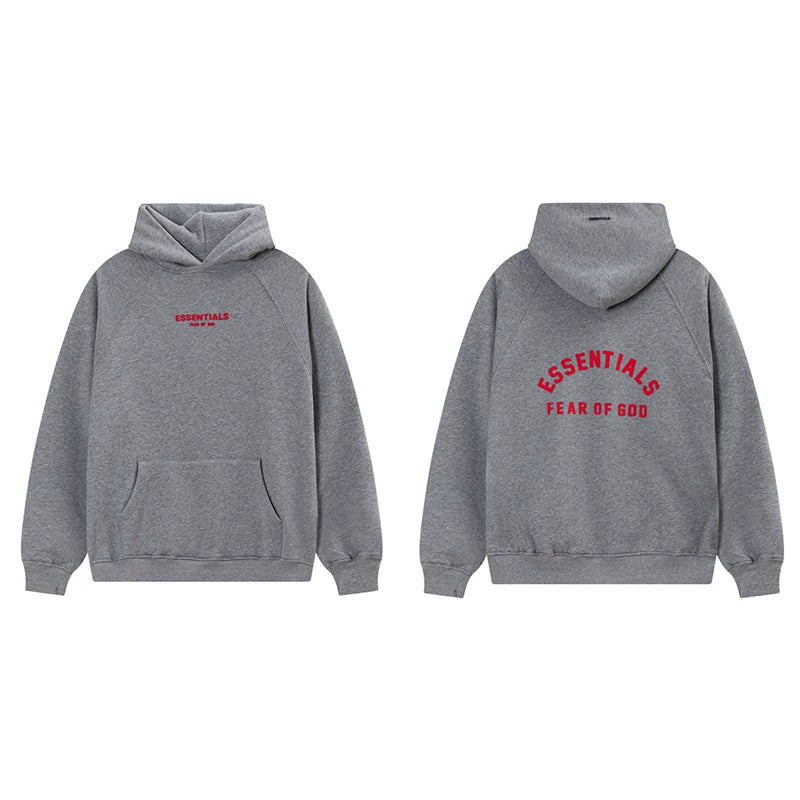 Fog Essentials Heather Grey Fleece‑Lined Oversized Pullover Hoodie Arch Red Print Logo