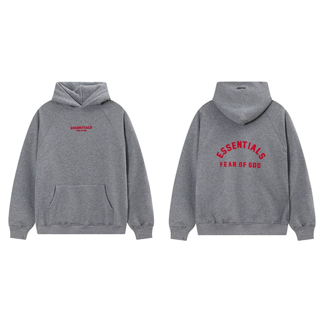 Fog Essentials Heather Grey Fleece‑Lined Oversized Pullover Hoodie Arch Red Print Logo Hover Image