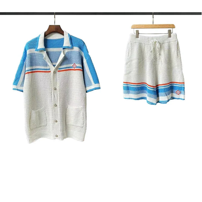 Casablanca Blue Stripe Shoulder Knit Set - White / Blue Hover Image