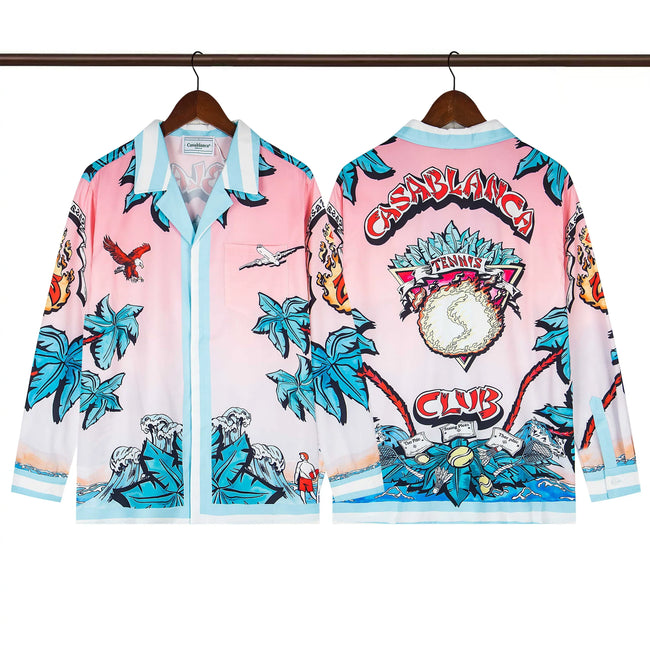 Casablanca Club Feather & Palm Silk-Style Shirt - Pink / Blue Hover Image