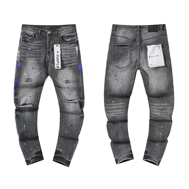 Ripped Blue Paint-Splatter Dark Grey Slim Denim Jeans Streetwear Pants