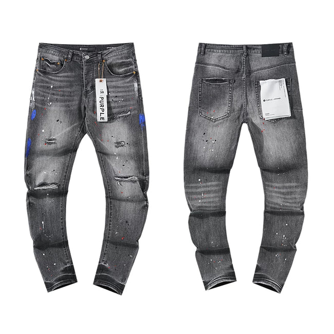 Ripped Blue Paint-Splatter Dark Grey Slim Denim Jeans Streetwear Pants Hover Image