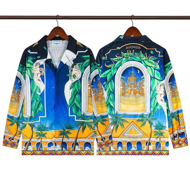 Casablanca Avenida Architectural Arch & Palm Silk-Style Shirt - Navy / Gold Hover Image