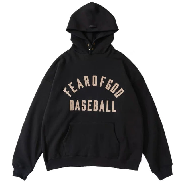 Fog Essentials Black Oversized Hoodie “FEAR OF GOD BASEBALL” Chest Graphic Hover Image