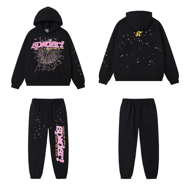 SP5DER Web Graphic Pullover Hoodie and Sweatpants Matching Set - Black / Pink Hover Image