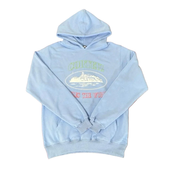 Corteiz “Alcatraz” Light Blue Hoodie — Retro Island Graphic on Oversized Streetwear Pullover Hover Image