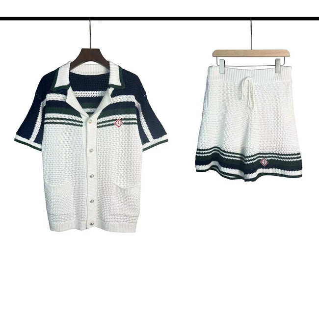 Casablanca Navy Shoulder Stripe Knit Set - White / Navy Blue Hover Image