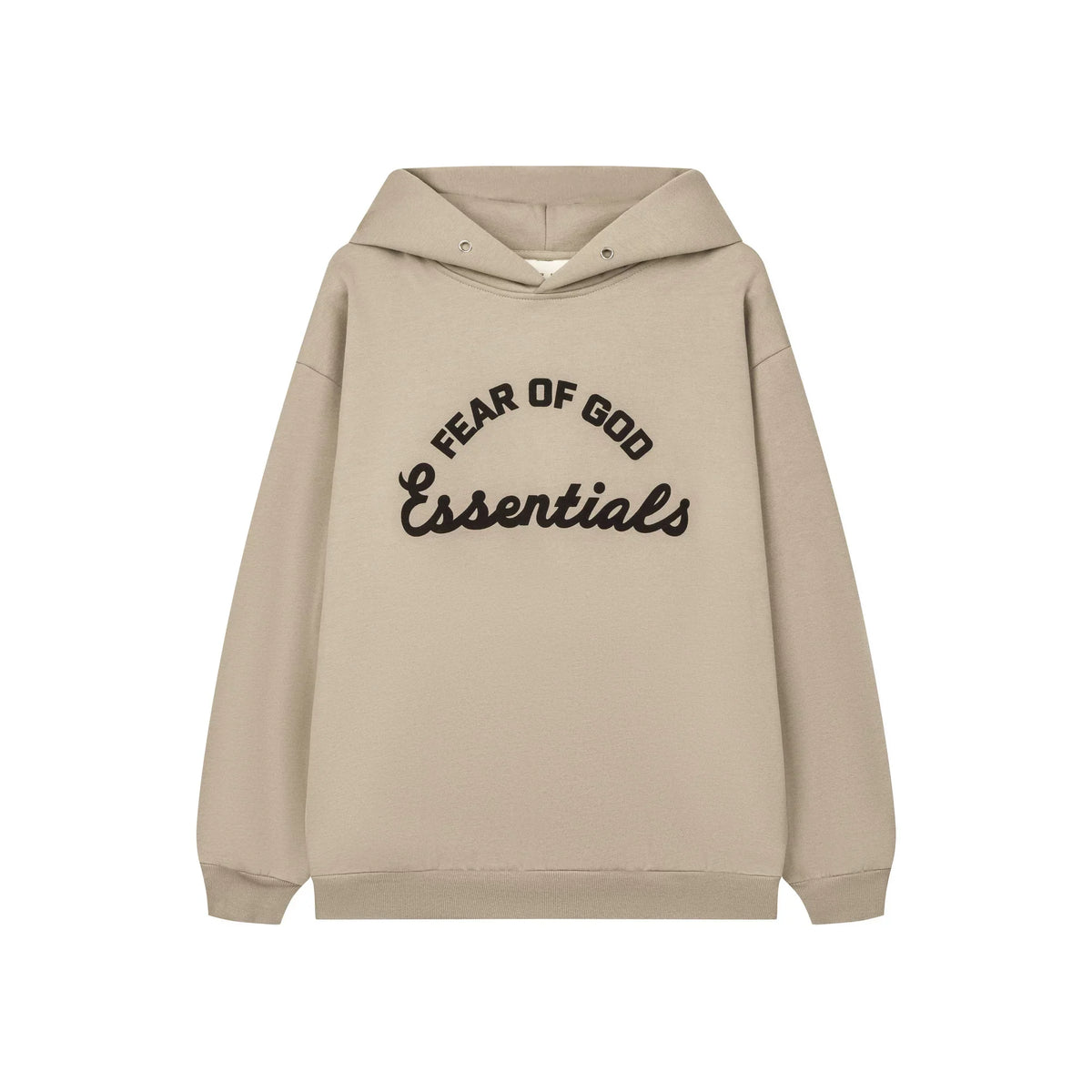 Fog Essentials Minimalist Embroidered Light Khaki Drop‑Shoulder Hooded Sweatshirt