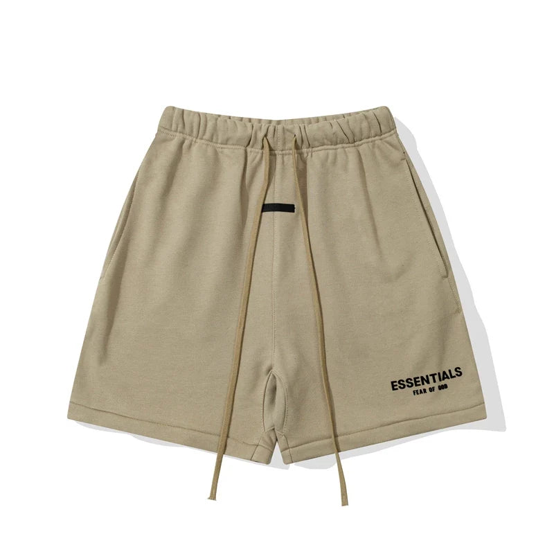 Fog Essentials Khaki Sweat Shorts Elastic Waist Drawstring Logo Print Streetwear Casual Shorts
