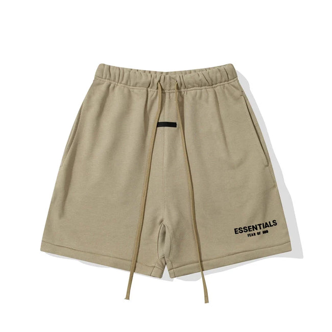 Fog Essentials Khaki Sweat Shorts Elastic Waist Drawstring Logo Print Streetwear Casual Shorts Hover Image