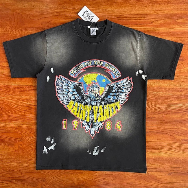 SAINT VANITY 1984 Tour of the World Eagle Earth Printed Vintage Short sleeved T-shirt Hover Image