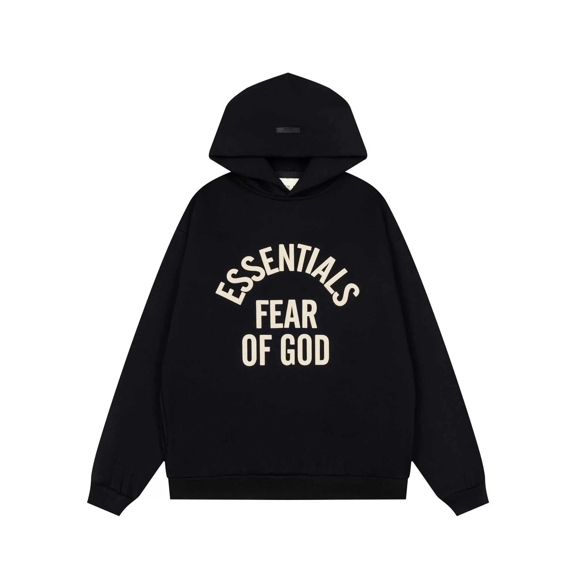 Fog Essentials Black Oversized Hoodie Contrast Cream‑Color Arch‑Logo Pullover Top