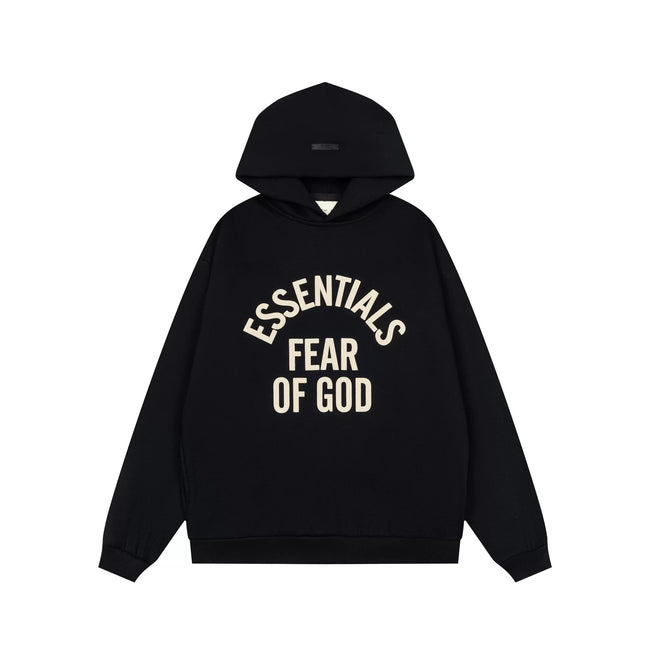 Fog Essentials Black Oversized Hoodie Contrast Cream‑Color Arch‑Logo Pullover Top Hover Image