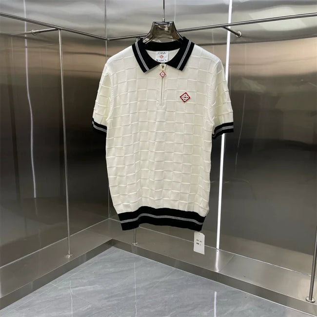 Casablanca Textured Wave Knit Polo Shirt - Off-White / Black Hover Image