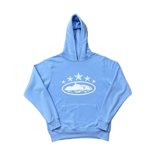 Sky Blue Vintage Star Graphic Hoodie – Oversized Streetwear Pullover Sweatshirt Hover Image