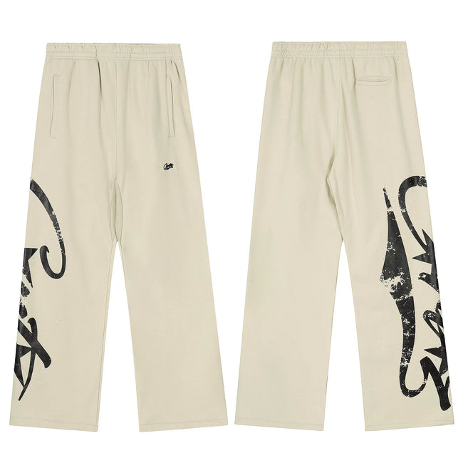 Cream Graphic Straight-Leg Sweatpants | Minimalist Streetwear Pants with Bold Side Print Detail Hover Image