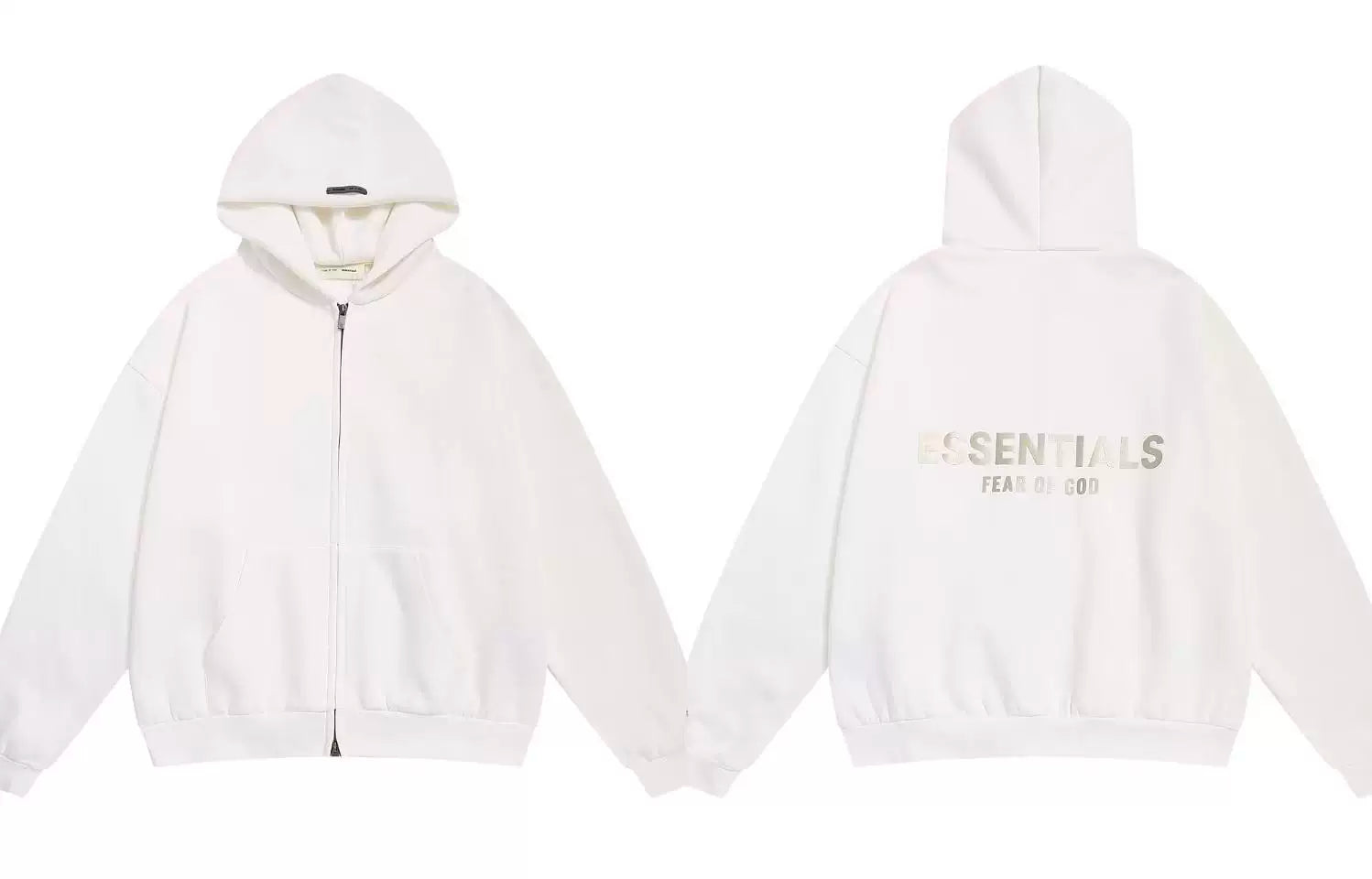Fog Essentials Cream Off‑White Zip‑Up Hoodie, Subtle Gold Back Logo Oversized Casual Jacket