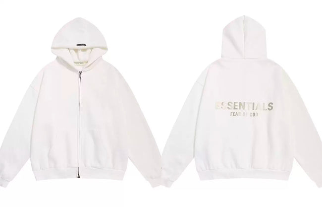 Fog Essentials Cream Off‑White Zip‑Up Hoodie, Subtle Gold Back Logo Oversized Casual Jacket Hover Image