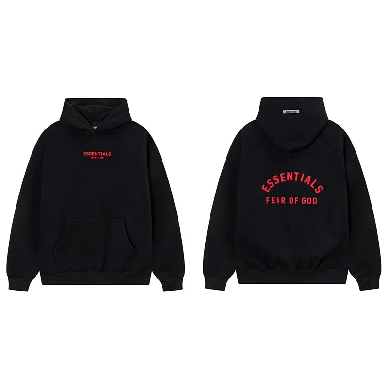 Fog Essentials Black Fleece‑Lined Oversized Pullover Hoodie Arch Red Logo