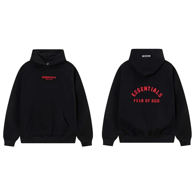 Fog Essentials Black Fleece‑Lined Oversized Pullover Hoodie Arch Red Logo Hover Image