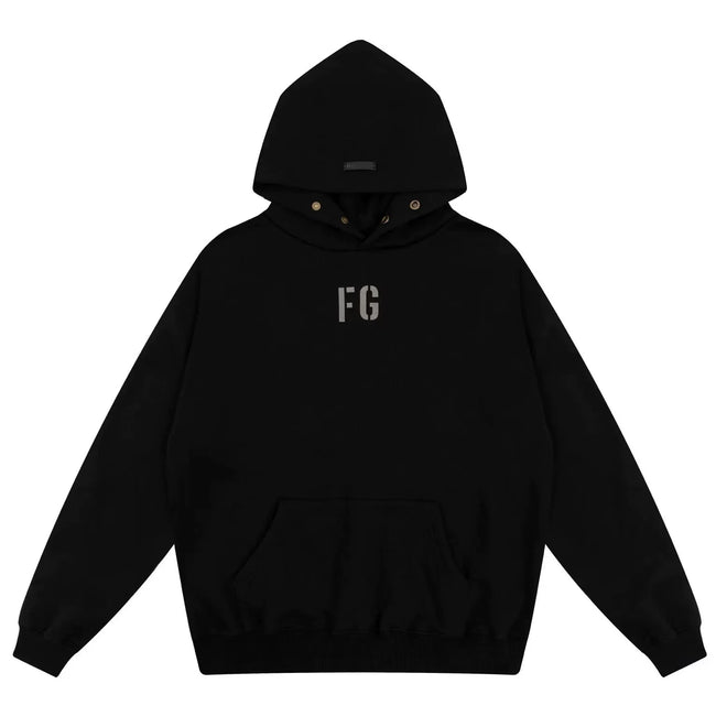 Fog Essentials Black Minimal FG Chest Logo Loose‑Fit Pullover Hoodie Hover Image