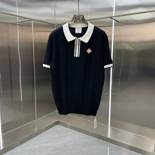 Casablanca Striped Placket Knit Polo Shirt - Black / White Hover Image