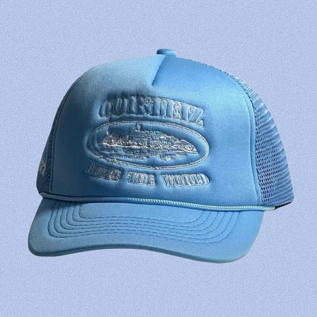 Blue Tonal Trucker Cap | Modern Streetwear Embroidered Hat Hover Image