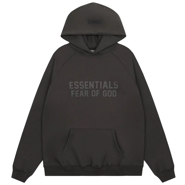 Fog Essentials Dark‑Grey Tonal “ESSENTIALS FEAR OF GOD” Oversized Kangaroo‑Pocket Hoodie Hover Image