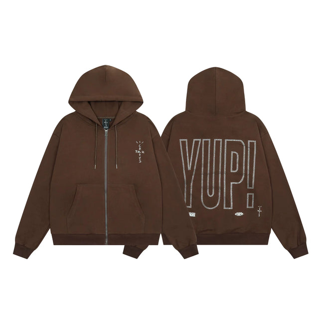 Streetwear "YUP!" Lettering Graphic Zip-Up Hoodie - Brown Hover Image