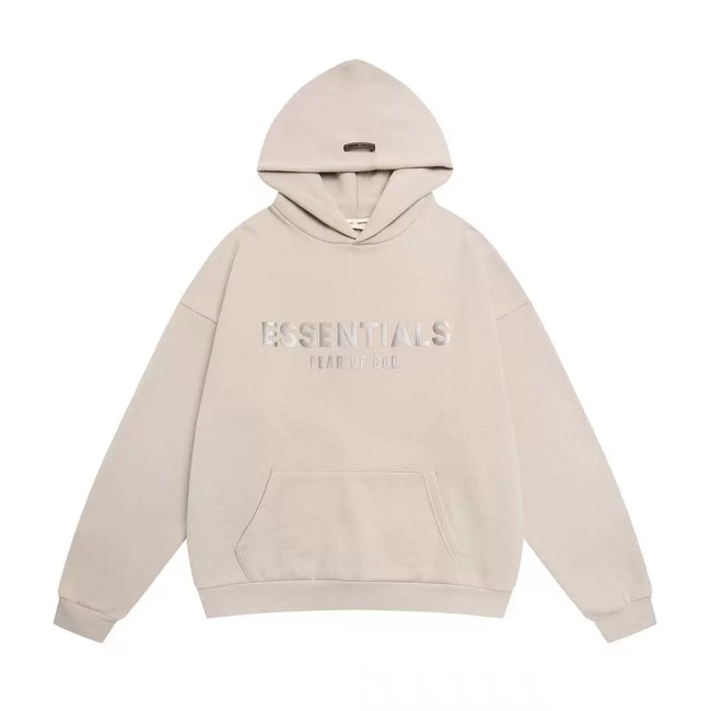 Fog Essentials Light Beige Faded‑Effect Front‑Print Hoodie, Drop‑Shoulder Minimal Street‑Wear Pullover Hover Image