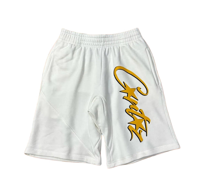 White Script Logo Sweat Shorts – Oversized Streetwear Casual Shorts Hover Image