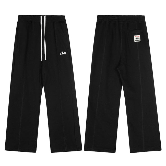 Black Minimalist Straight-Leg Sweatpants | Clean Streetwear Pants with Logo Detail Hover Image