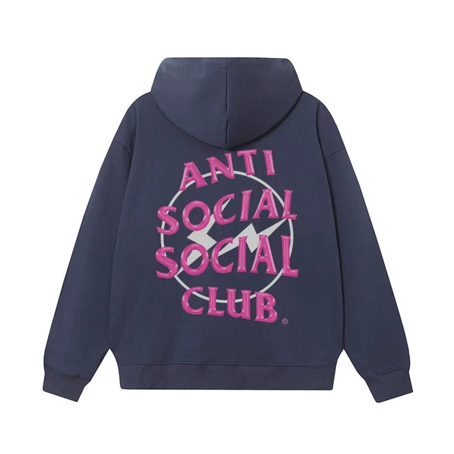 Anti Social Social Club Pink Lightning Circle Logo Hoodie - Navy Blue Hover Image