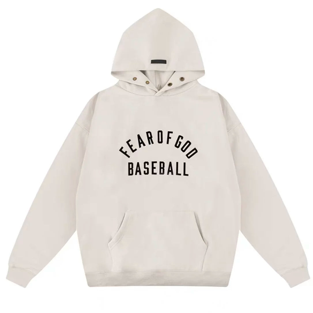 Fog Essentials Off‑White Oversized Hoodie “FEAR OF GOD BASEBALL” Print