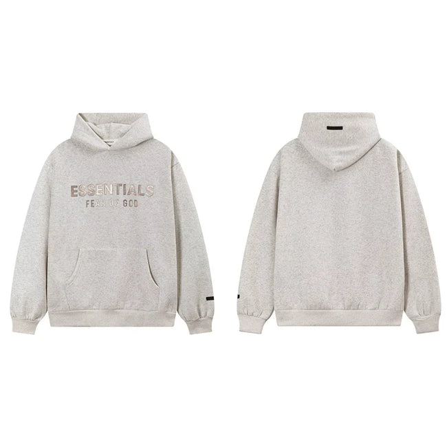 Fog Essentials Oatmeal Cream Fleece‑Lined Oversized Pullover Hoodie Metallic Chest Logo Hover Image