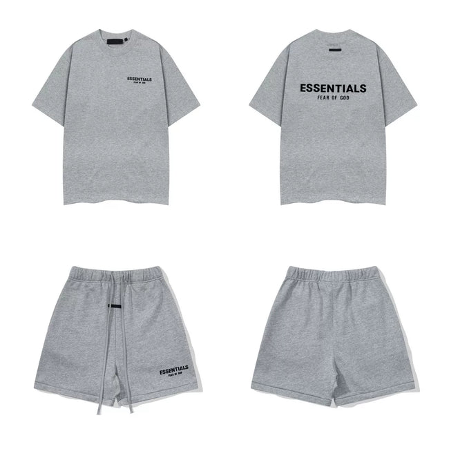 Fog Essentials Grey Printed T‑Shirt + Sweat Shorts Two‑Piece Casual Oversized Streetwear Set Hover Image