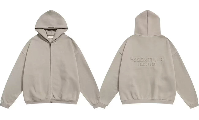 Fog Essentials Light Taupe Debossed Letter Back Zip‑Up Hoodie, Relaxed‑Fit Neutral Outerwear Hover Image
