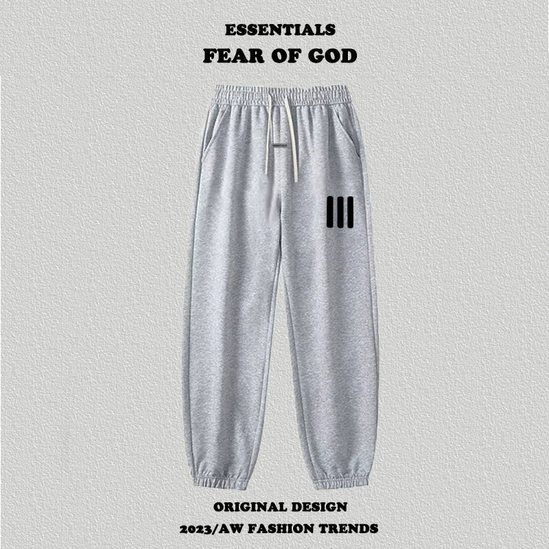 Fog Essentials Light Grey Jogger Pants Black Side Strip Print Hip‑Hop Sweatpants