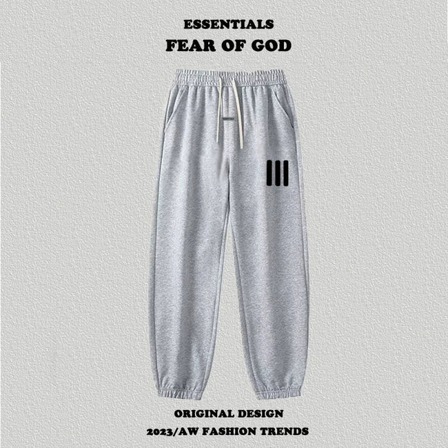Fog Essentials Light Grey Jogger Pants Black Side Strip Print Hip‑Hop Sweatpants Hover Image