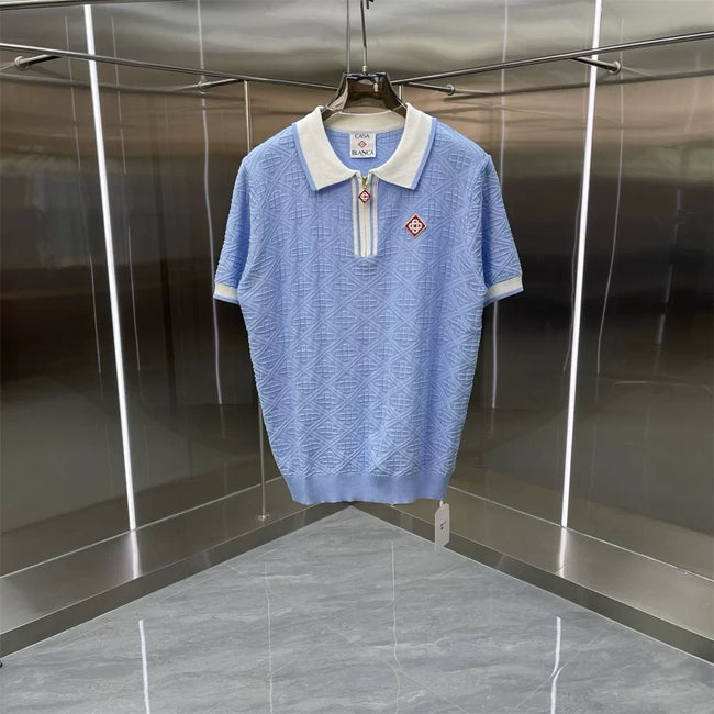 Casablanca Textured Knit Polo Shirt - Light Blue / White Hover Image