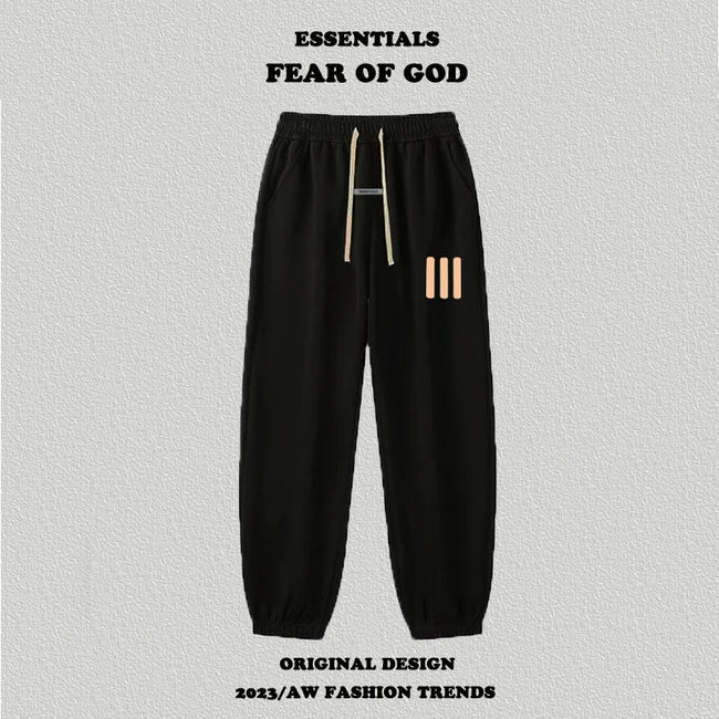 Fog Essentials Black Fleece‑Lined Jogger Pants Beige 3‑Strip Print Warm Streetwear Sweatpants Hover Image