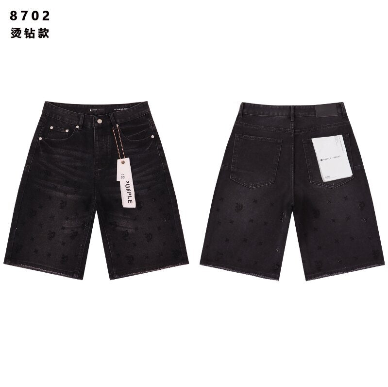 All‑Over Rhinestone Dot Black Denim Shorts