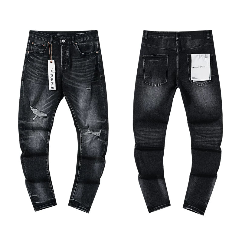 Patch‑Ripped Black Slim Denim Jeans Streetwear Pants
