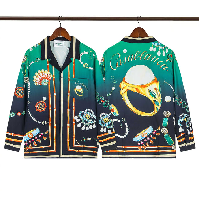 Casablanca Emerald Jewel & Gold Chain Silk-Style Shirt - Green Hover Image