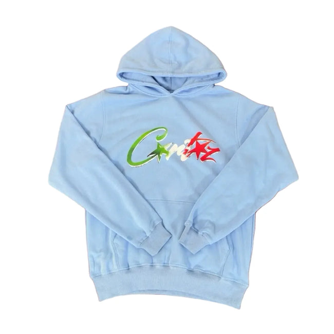 Corteiz “C-Logo” Light Blue Hoodie — Colorful Star Graphic on Oversized Streetwear Pullover Hover Image