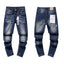 Dark‑Blue Distressed Stitched Slim Denim Jeans Streetwear Pants