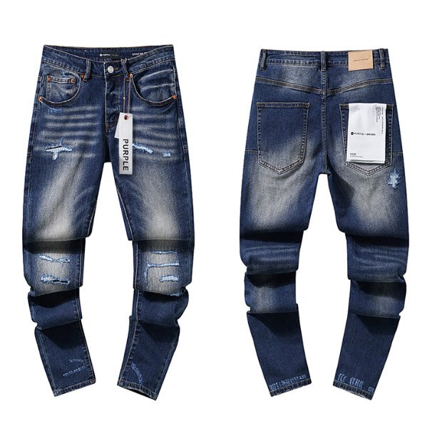 Dark‑Blue Distressed Stitched Slim Denim Jeans Streetwear Pants Hover Image